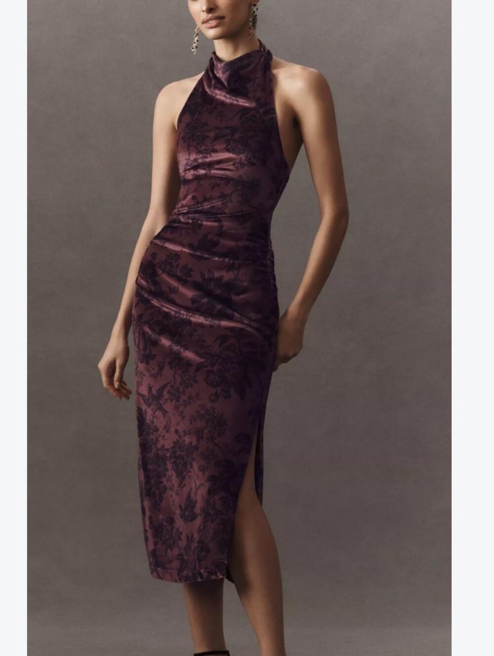 New BHLDN Plum Floral Halter Velour Halo-Back Burgandy Midi Dress Size L